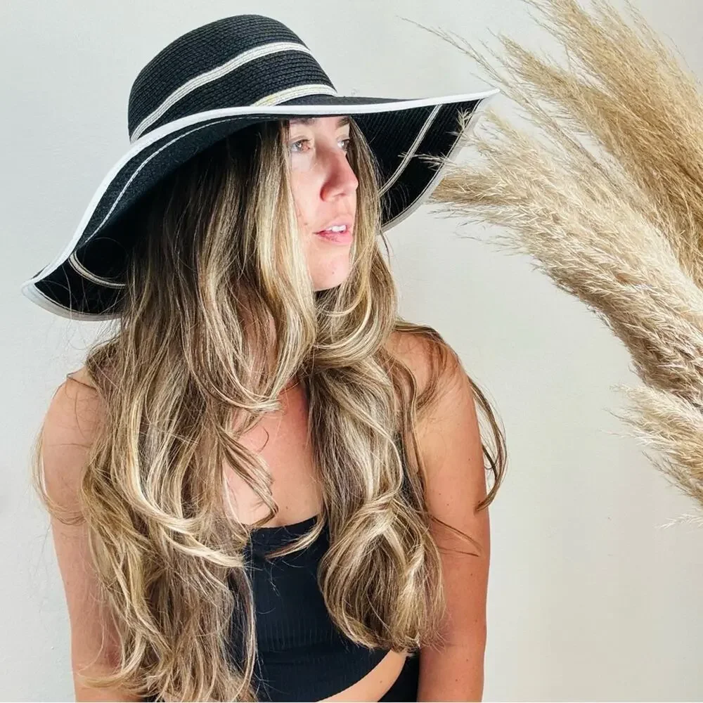 VINTAGE NORDSTROM Cream Tan Straw Wide Brim Floppy Black Stripe Wide Sun Hat - Picture 10 of 10